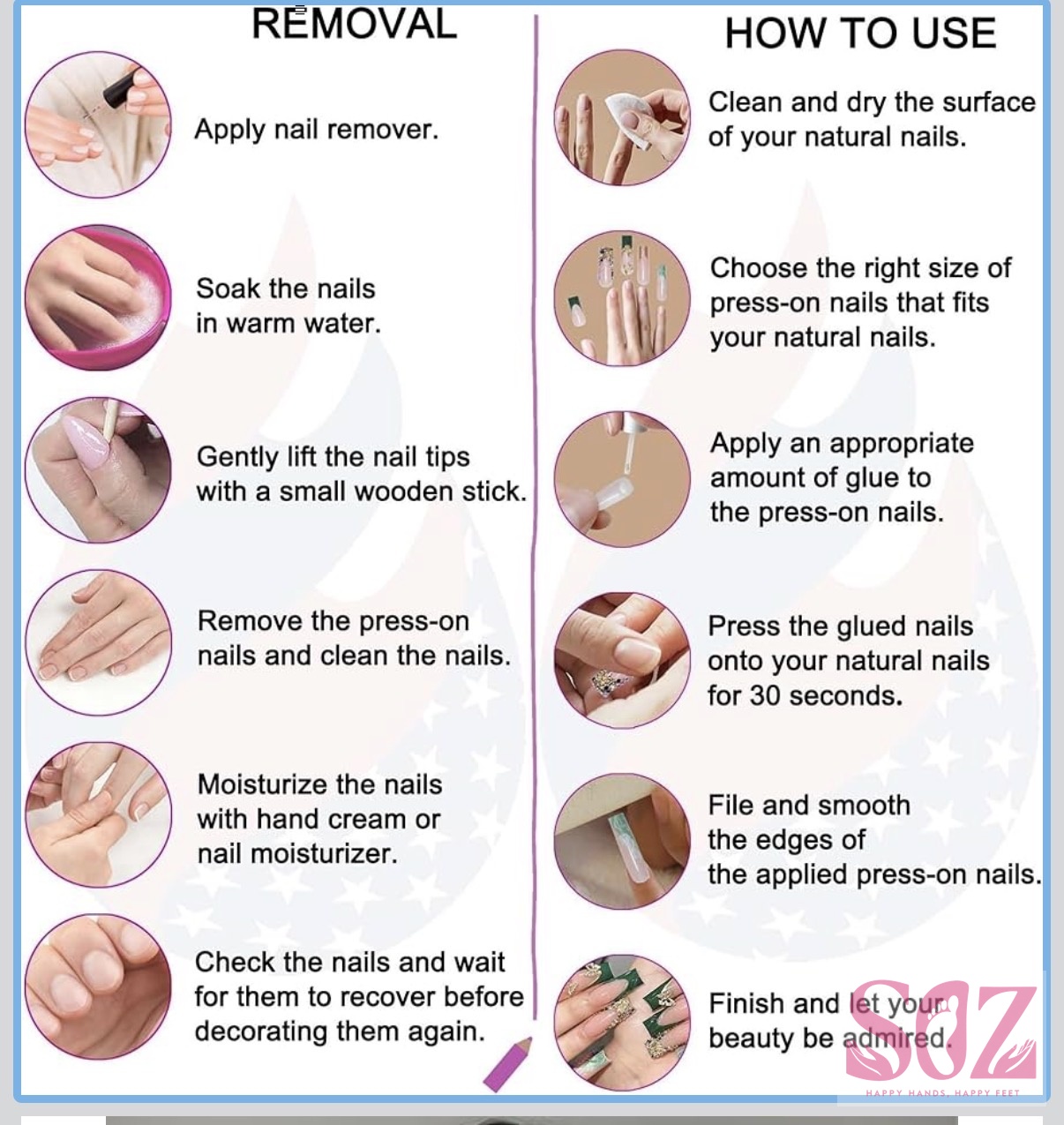 Instructions for how to use and remove press-on nails